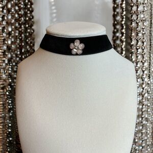 Black Velvet Choker With Light Pink Flower & Silver Tone Leaf Charm. 3/4”W 14”L
